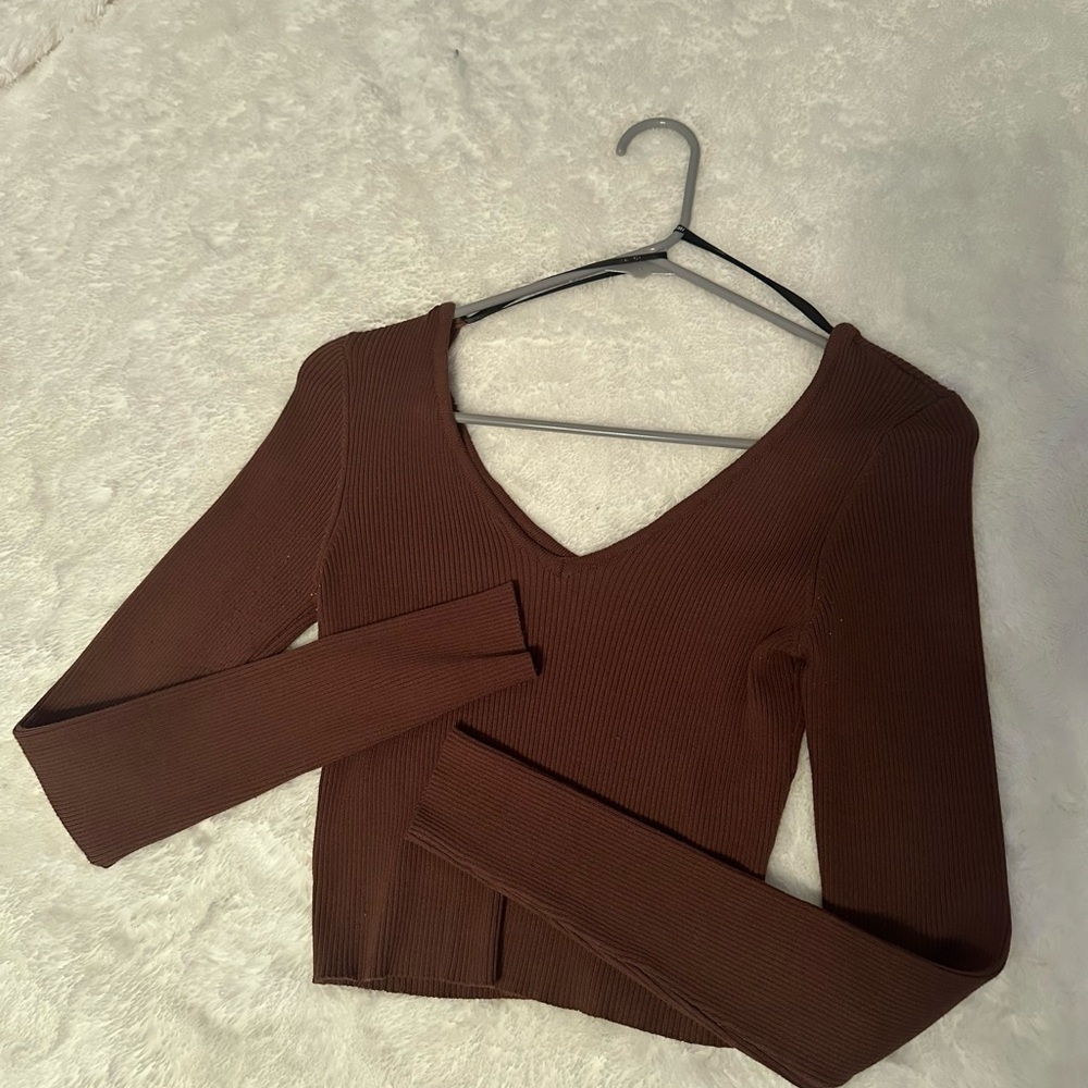 Brown V-Neck Ribbed Women's Top